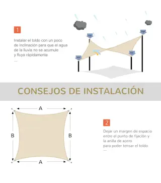 Toldo Vela Rectangular 4x6 m con Anti-UV Anillas de Acero Inoxidable y Cuerdas de Nylon para Jardín Patio Crema