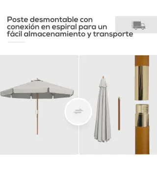 Sombrilla de Jardín Ø325 cm con Sistema de Polea Techo de Ventilación y 8 Varillas de Bambú para Patio Terraza Gris