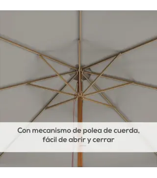 Sombrilla de Jardín Ø325 cm con Sistema de Polea Techo de Ventilación y 8 Varillas de Bambú para Patio Terraza Gris
