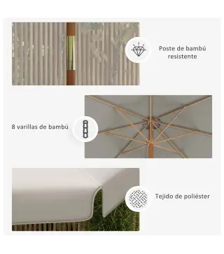 Sombrilla de Jardín Ø325 cm con Sistema de Polea Techo de Ventilación y 8 Varillas de Bambú para Patio Terraza Gris