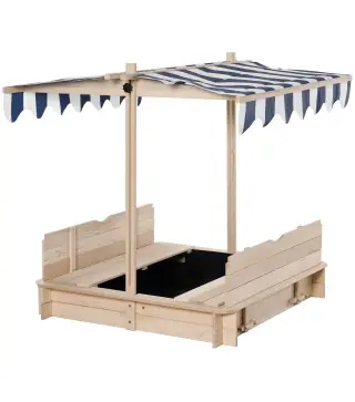 Arenero Infantil con Toldo Ajustable en Altura 2 Bancos y Respaldos Desmontables para Patio 106x106x115 cm Natural