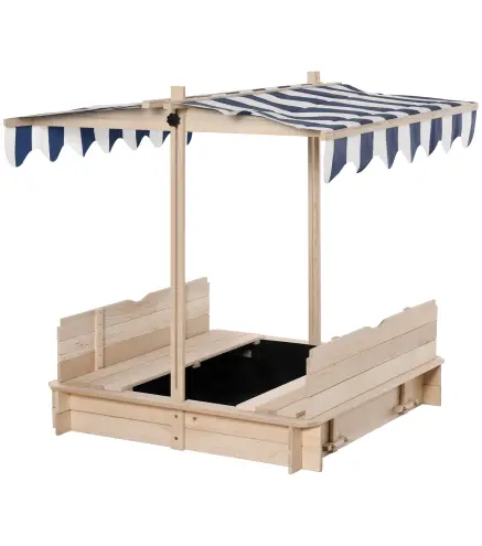 Arenero Infantil con Toldo Ajustable en Altura 2 Bancos y Respaldos Desmontables para Patio 106x106x115 cm Natural