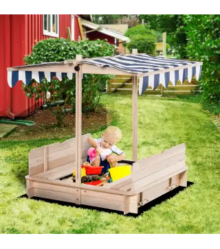 Arenero Infantil con Toldo Ajustable en Altura 2 Bancos y Respaldos Desmontables para Patio 106x106x115 cm Natural