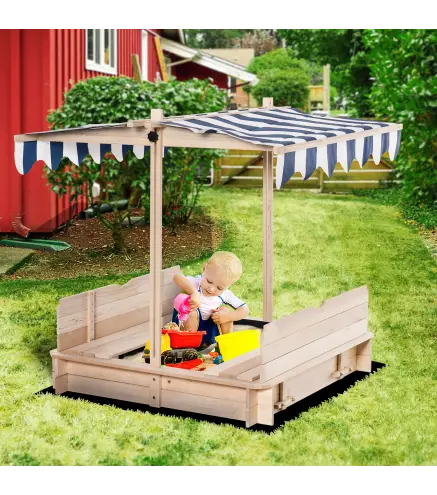 Arenero Infantil con Toldo Ajustable en Altura 2 Bancos y Respaldos Desmontables para Patio 106x106x115 cm Natural