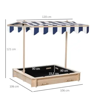 Arenero Infantil con Toldo Ajustable en Altura 2 Bancos y Respaldos Desmontables para Patio 106x106x115 cm Natural