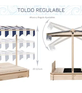 Arenero Infantil con Toldo Ajustable en Altura 2 Bancos y Respaldos Desmontables para Patio 106x106x115 cm Natural