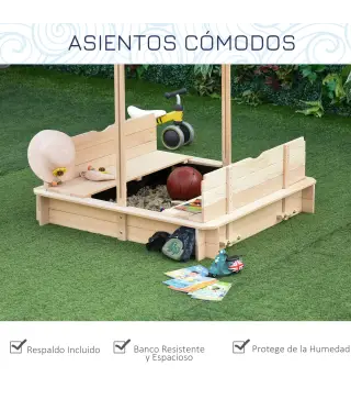 Arenero Infantil con Toldo Ajustable en Altura 2 Bancos y Respaldos Desmontables para Patio 106x106x115 cm Natural