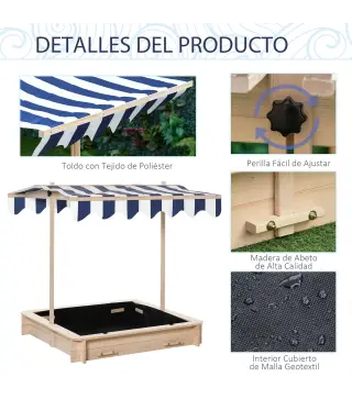 Arenero Infantil con Toldo Ajustable en Altura 2 Bancos y Respaldos Desmontables para Patio 106x106x115 cm Natural