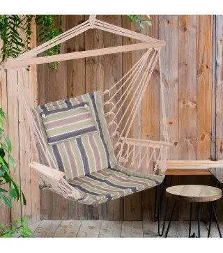 Silla Colgante Estampado Rayas Hamaca con Cojín Reposacabezas para Interior Exterior 100x106 cm Carga Máx. 100 kg