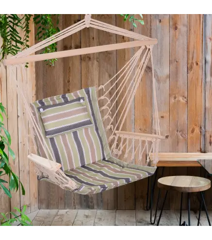 Silla Colgante Estampado Rayas Hamaca con Cojín Reposacabezas para Interior Exterior 100x106 cm Carga Máx. 100 kg