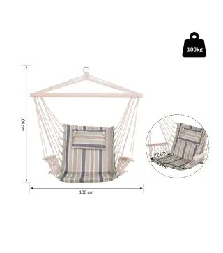 Silla Colgante Estampado Rayas Hamaca con Cojín Reposacabezas para Interior Exterior 100x106 cm Carga Máx. 100 kg