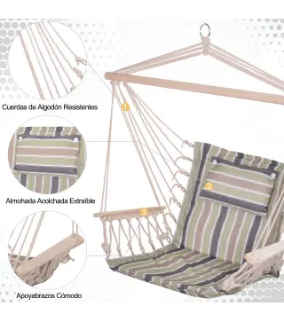 Silla Colgante Estampado Rayas Hamaca con Cojín Reposacabezas para Interior Exterior 100x106 cm Carga Máx. 100 kg