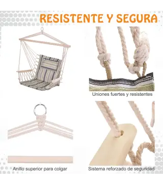 Silla Colgante Estampado Rayas Hamaca con Cojín Reposacabezas para Interior Exterior 100x106 cm Carga Máx. 100 kg