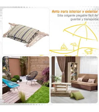 Silla Colgante Estampado Rayas Hamaca con Cojín Reposacabezas para Interior Exterior 100x106 cm Carga Máx. 100 kg