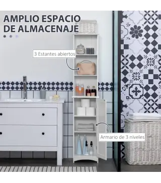 Columna de Baño con 3 Compartimientos Puerta y Estantes Ajustables para Ducha Aseo 34x23x165 cm Blanco
