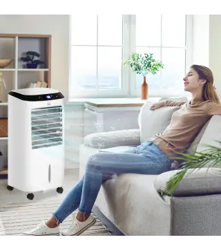 Climatizador Evaporativo Enfriador de Aire Portátil 10L Humidificador Ventilador 60W Pantalla LED 38,2x31,6x76 cm Blanco