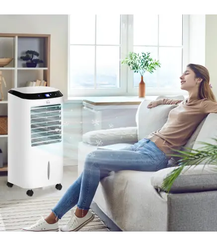 Climatizador Evaporativo Enfriador de Aire Portátil 10L Humidificador Ventilador 60W Pantalla LED 38,2x31,6x76 cm Blanco