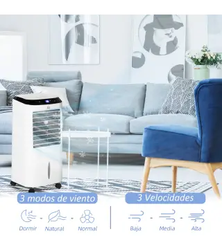 Climatizador Evaporativo Enfriador de Aire Portátil 10L Humidificador Ventilador 60W Pantalla LED 38,2x31,6x76 cm Blanco