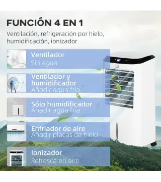 Climatizador Evaporativo Enfriador de Aire Portátil 10L Humidificador Ventilador 60W Pantalla LED 38,2x31,6x76 cm Blanco