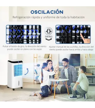 Climatizador Evaporativo Enfriador de Aire Portátil 10L Humidificador Ventilador 60W Pantalla LED 38,2x31,6x76 cm Blanco
