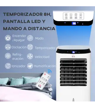 Climatizador Evaporativo Enfriador de Aire Portátil 10L Humidificador Ventilador 60W Pantalla LED 38,2x31,6x76 cm Blanco