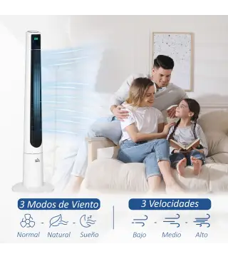 Ventilador de Torre Silencioso 50W con Control Remoto 3 Velocidades 3 Modos Temporizador 12H Oscilación 40° Blanco