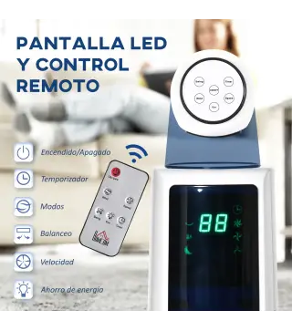 Ventilador de Torre Silencioso 50W con Control Remoto 3 Velocidades 3 Modos Temporizador 12H Oscilación 40° Blanco