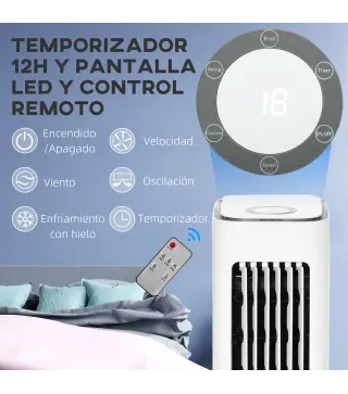 Climatizador Evaporativo Bajo Consumo 75W Altura 86 cm Oscilante con Control Remoto Depósito 5L 3 Modos 3 Velocidades Temporizad