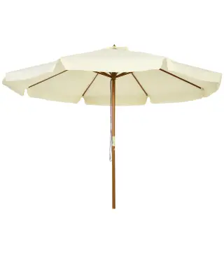 Parasol de Madera Ø325x250 cm con Sistema de Polea Techo de Ventilación y 8 Varillas de Bambú para Terraza Balcón Crema