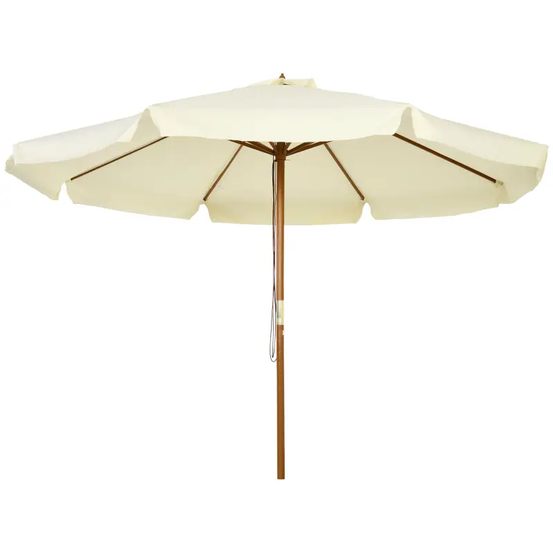 Parasol de Madera Ø325x250 cm con Sistema de Polea Techo de Ventilación y 8 Varillas de Bambú para Terraza Balcón Crema