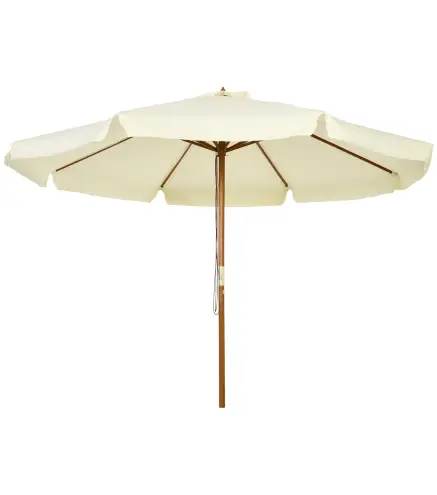 Parasol de Madera Ø325x250 cm con Sistema de Polea Techo de Ventilación y 8 Varillas de Bambú para Terraza Balcón Crema