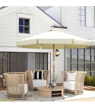 Parasol de Madera Ø325x250 cm con Sistema de Polea Techo de Ventilación y 8 Varillas de Bambú para Terraza Balcón Crema