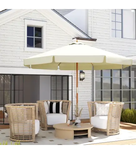 Parasol de Madera Ø325x250 cm con Sistema de Polea Techo de Ventilación y 8 Varillas de Bambú para Terraza Balcón Crema