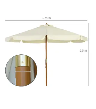 Parasol de Madera Ø325x250 cm con Sistema de Polea Techo de Ventilación y 8 Varillas de Bambú para Terraza Balcón Crema