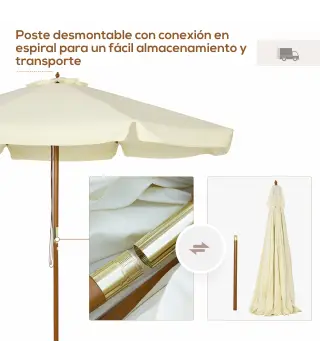 Parasol de Madera Ø325x250 cm con Sistema de Polea Techo de Ventilación y 8 Varillas de Bambú para Terraza Balcón Crema