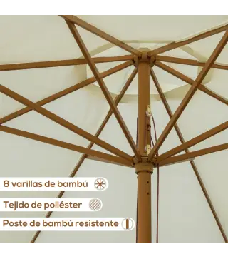 Parasol de Madera Ø325x250 cm con Sistema de Polea Techo de Ventilación y 8 Varillas de Bambú para Terraza Balcón Crema