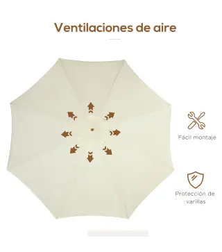 Parasol de Madera Ø325x250 cm con Sistema de Polea Techo de Ventilación y 8 Varillas de Bambú para Terraza Balcón Crema