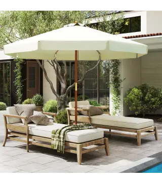Parasol de Madera Ø325x250 cm con Sistema de Polea Techo de Ventilación y 8 Varillas de Bambú para Terraza Balcón Crema