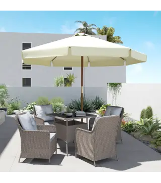 Parasol de Madera Ø325x250 cm con Sistema de Polea Techo de Ventilación y 8 Varillas de Bambú para Terraza Balcón Crema