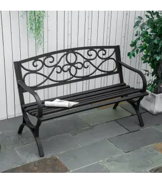 Banco de Jardín de 2 Plazas con Respaldo y Reposabrazos Estilo Vintage para Terraza Balcón Patio Exterior Carga 240 kg Hierro Fu