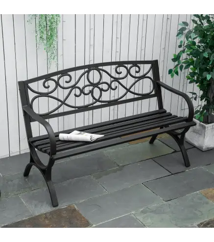 Banco de Jardín de 2 Plazas con Respaldo y Reposabrazos Estilo Vintage para Terraza Balcón Patio Exterior Carga 240 kg Hierro Fu