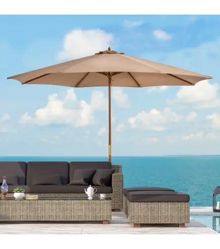 Sombrilla Terraza Exterior Ø300 cm con Techo Ventilado y Poste Desmontable de Madera para Terraza Patio Caqui