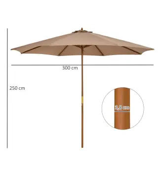 Sombrilla Terraza Exterior Ø300 cm con Techo Ventilado y Poste Desmontable de Madera para Terraza Patio Caqui