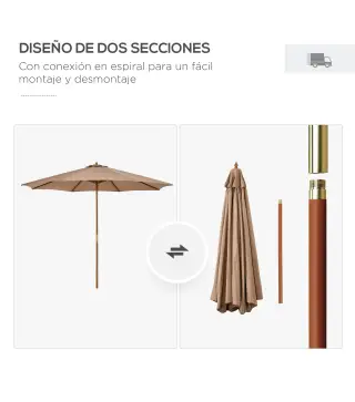 Sombrilla Terraza Exterior Ø300 cm con Techo Ventilado y Poste Desmontable de Madera para Terraza Patio Caqui