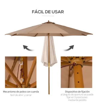 Sombrilla Terraza Exterior Ø300 cm con Techo Ventilado y Poste Desmontable de Madera para Terraza Patio Caqui