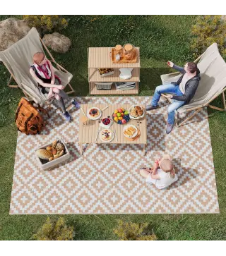 Alfombra de Exterior Reversible 182x274 cm con Patrón Geométrico Acabado Impermeable Café y Blanco