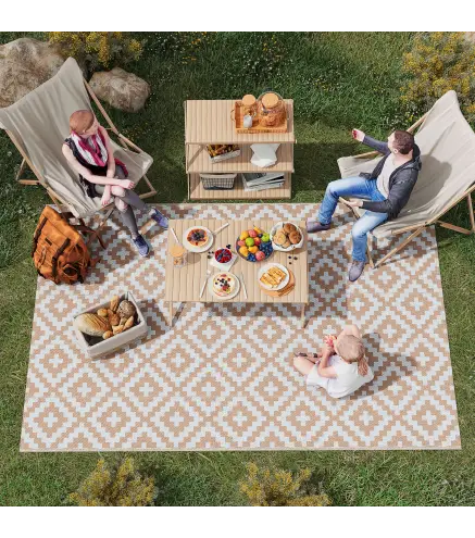 Alfombra de Exterior Reversible 182x274 cm con Patrón Geométrico Acabado Impermeable Café y Blanco