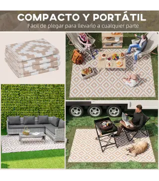 Alfombra de Exterior Reversible 182x274 cm con Patrón Geométrico Acabado Impermeable Café y Blanco