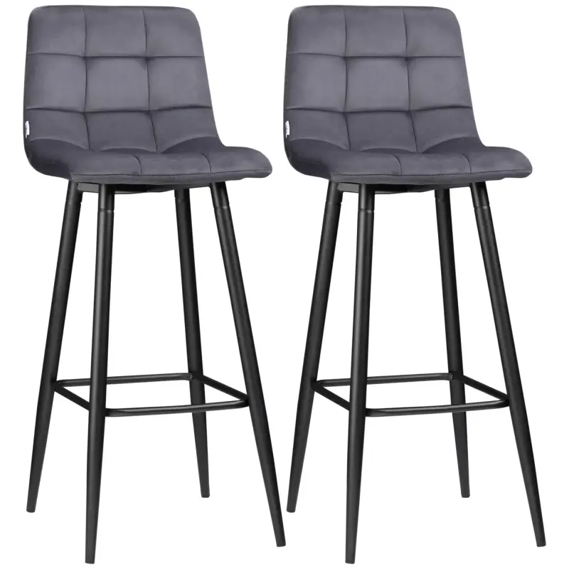 Juego de 2 Taburetes Altos de Cocina Taburetes de Bar Tapizados en Terciopelo con Reposapiés y Respaldo Gris