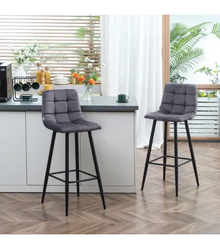 Juego de 2 Taburetes Altos de Cocina Taburetes de Bar Tapizados en Terciopelo con Reposapiés y Respaldo Gris
